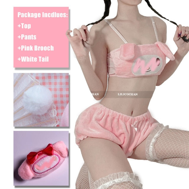 VenusFox Sexy Japanese Anime Tank Long Ear Doggy Bra and Cute Bloomers Pink White Kawaii Velvet Tube Top Panties Set for Sweet Girl 2020