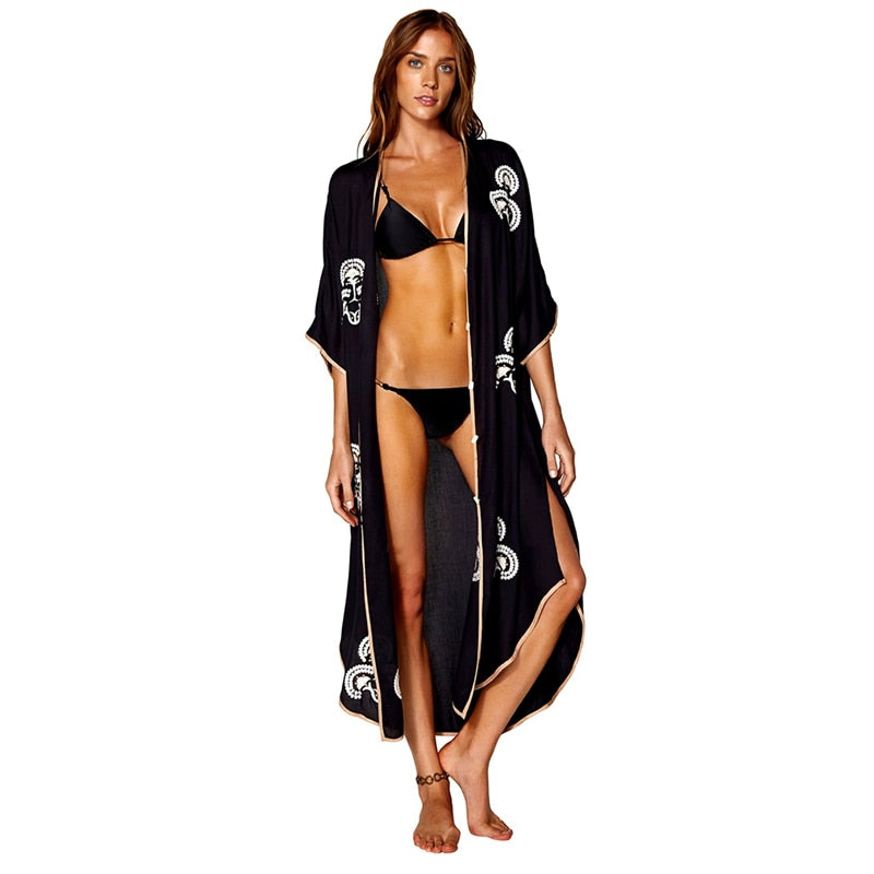 VenusFox Bikini Cover-ups Sexy Emboridered Button Front Open Cotton Summer Dress Kaftan Women Beach Wear Swim Suit Cover Up Q1002