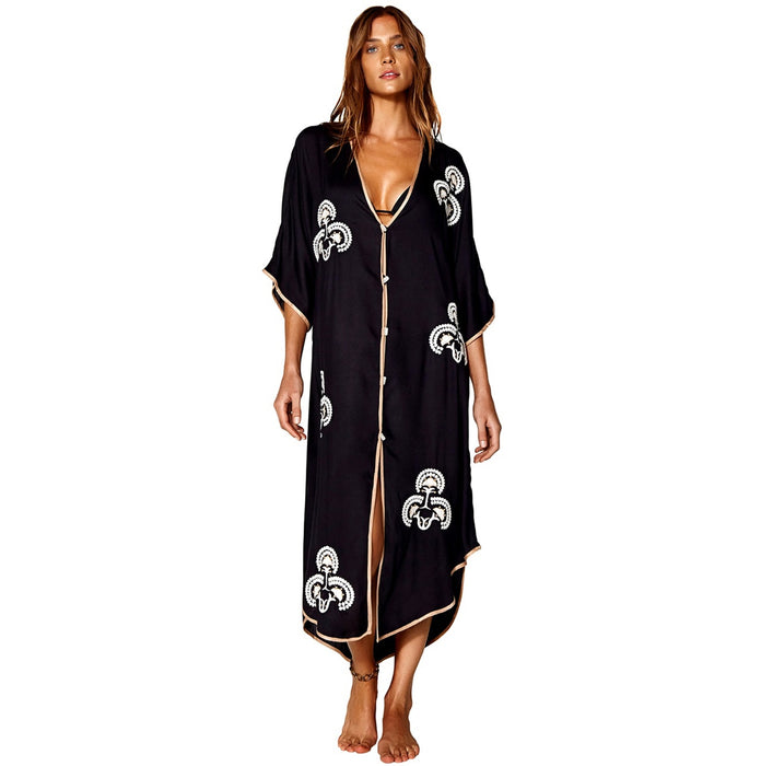 VenusFox Bikini Cover-ups Sexy Emboridered Button Front Open Cotton Summer Dress Kaftan Women Beach Wear Swim Suit Cover Up Q1002