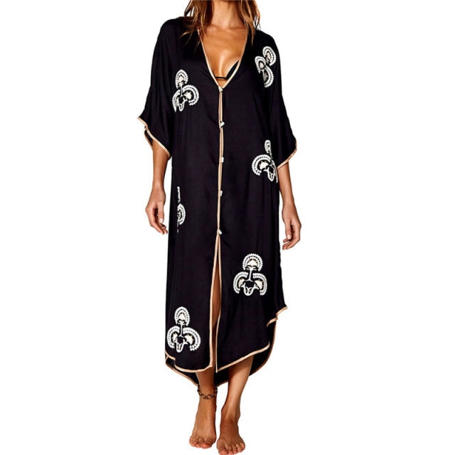 VenusFox Bikini Cover-ups Sexy Emboridered Button Front Open Cotton Summer Dress Kaftan Women Beach Wear Swim Suit Cover Up Q1002