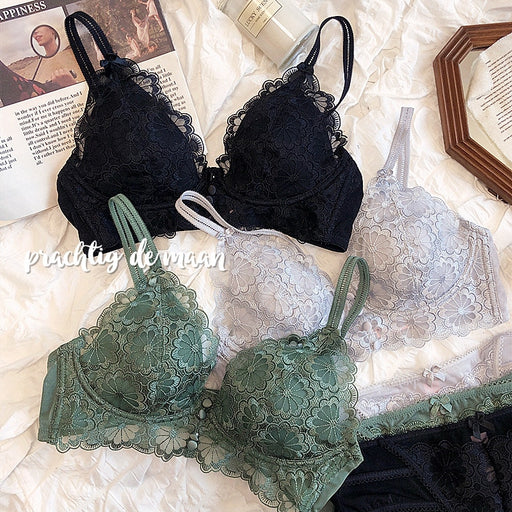 VenusFox Cup Triangle Thin Cotton Cup Bra And Panty Set Comfortable Push Up Full Floral Lace Underwear Lingerie Girls Green Wire Free