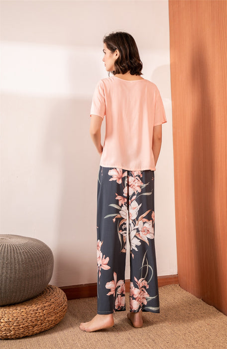 VenusFox Breathable 2PCS Pajama Short Sleeve Printed Loose Nightwear Suit Female Casual Homewear Pajama Set For Women