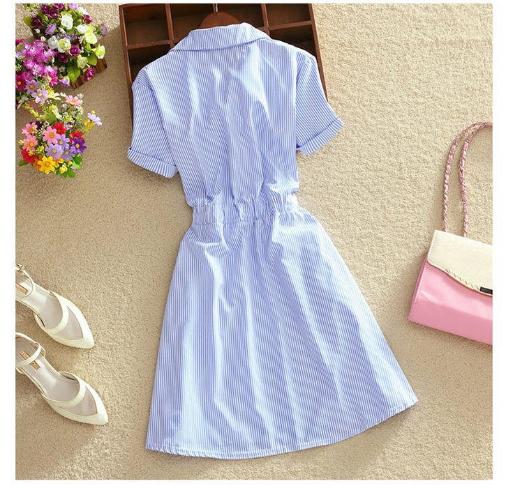 VenusFox Summer Women Dress Office Ladies Dress Shirt Elegant Blue Stripped Turn Down Collar Mini Dress Short Sleeve