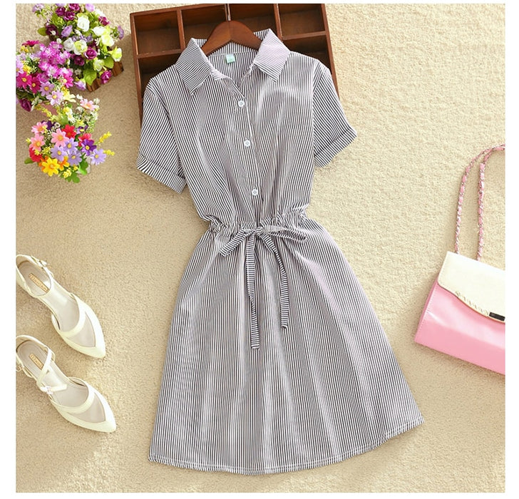 VenusFox Summer Women Dress Office Ladies Dress Shirt Elegant Blue Stripped Turn Down Collar Mini Dress Short Sleeve