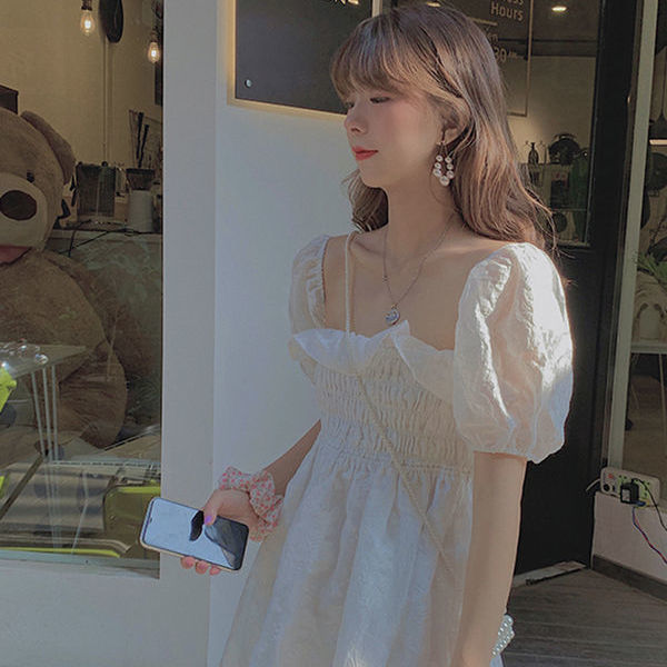 VenusFox French Summer Dress Women White Puff Sleeve Korean Style Fairy Dress Lace Chiffon Kawaii Elegant Vintage Dress Vestidos
