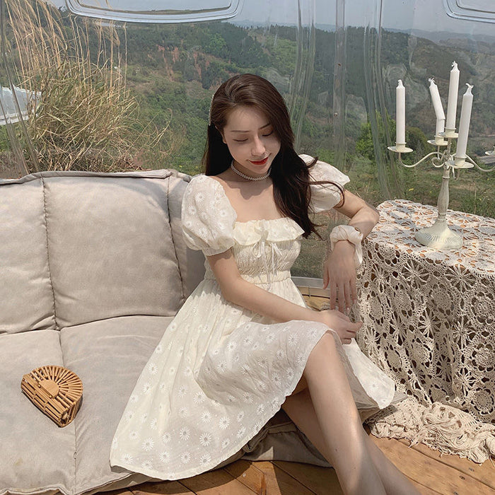 VenusFox French Summer Dress Women White Puff Sleeve Korean Style Fairy Dress Lace Chiffon Kawaii Elegant Vintage Dress Vestidos
