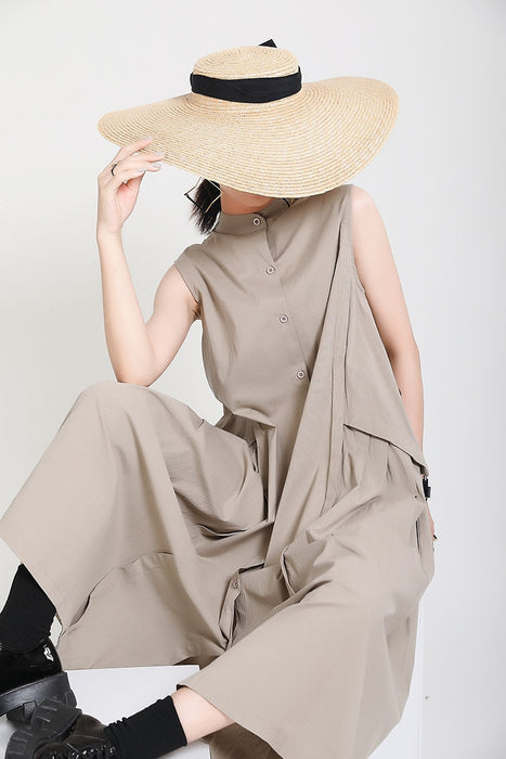 VenusFox Women Khaki Split Pleated Long  Dress New Stand Collar Sleeveless Loose Fit Fashion Tide Spring Summer 2021