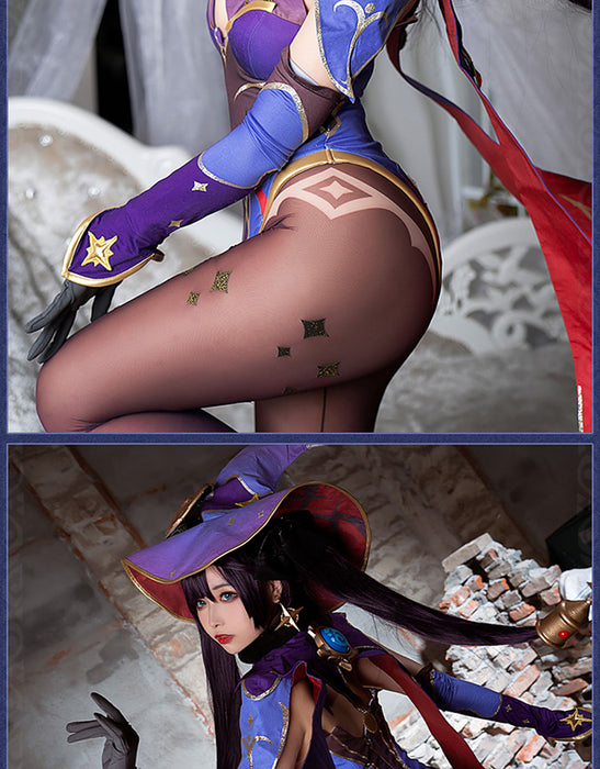 VenusFox Game Genshin Impact Mona Cosplay Costume Women Sexy Jumpsuit Enigmatic Astrologer Bodysuit Halloween Witch Suit Custom Made