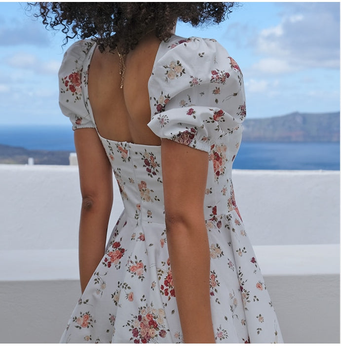 VenusFox Bohe Flower Print White Dress Women 's Short Puff Sleeve Zipper Mini Sundress Elegant Summer Dress Ladies Clothing