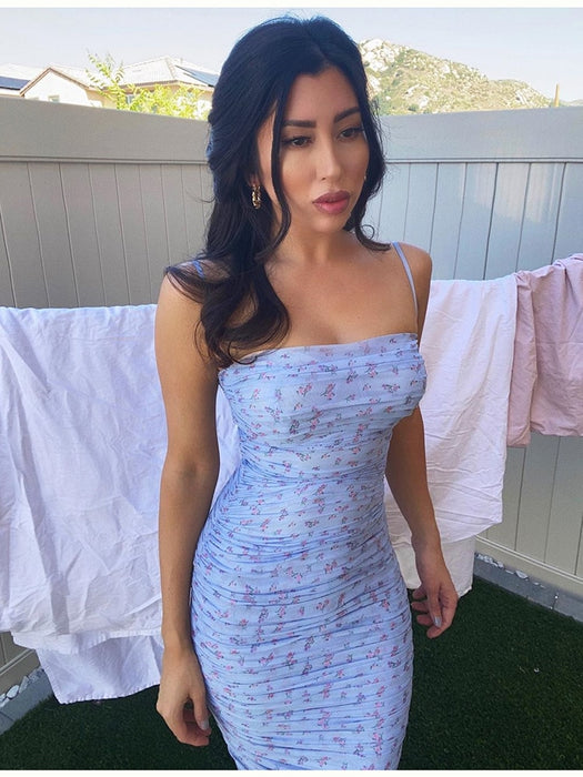 VenusFox Mesh Women Dress Summer Spaghetti Straps Knee-length Elegant Dress Slim Fit Floral Print Ruched Dresses Blue
