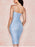 VenusFox Mesh Women Dress Summer Spaghetti Straps Knee-length Elegant Dress Slim Fit Floral Print Ruched Dresses Blue