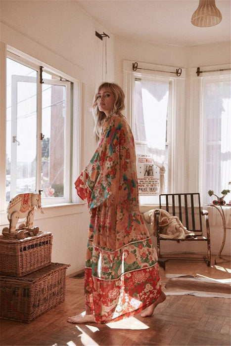 VenusFox Fitshinling Vintage Print Floral Beach Cover Up Summer Swimwear Bikini Outerwear Flare Sleeve Oversize Bohemian Long Cardigans