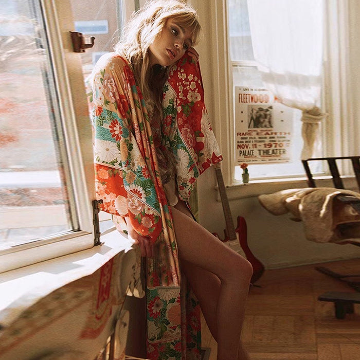 VenusFox Fitshinling Vintage Print Floral Beach Cover Up Summer Swimwear Bikini Outerwear Flare Sleeve Oversize Bohemian Long Cardigans