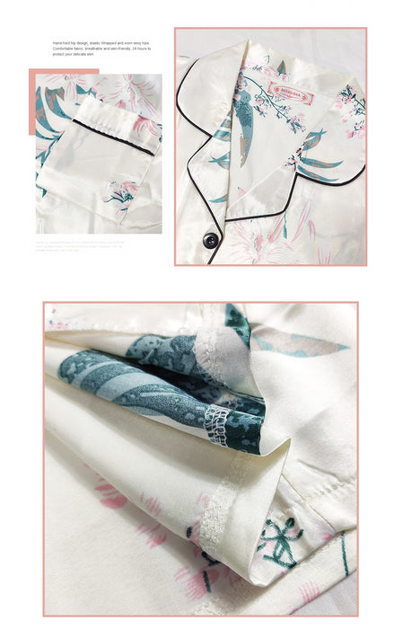 VenusFox Silk Satin Pajamas for Women Short Sleeves Sleepwear Lapel Femme Sexy Nightwear
