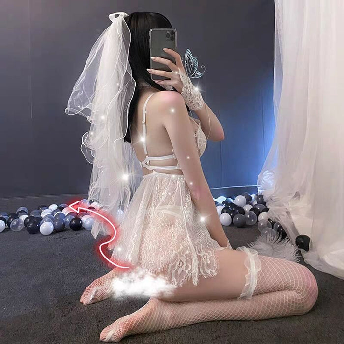 VenusFox Sexy Lingerie Female Winter Water Soluble Floating Flower Eyelash Lace Perspective Temptation Sling Nightgown Sleepwear