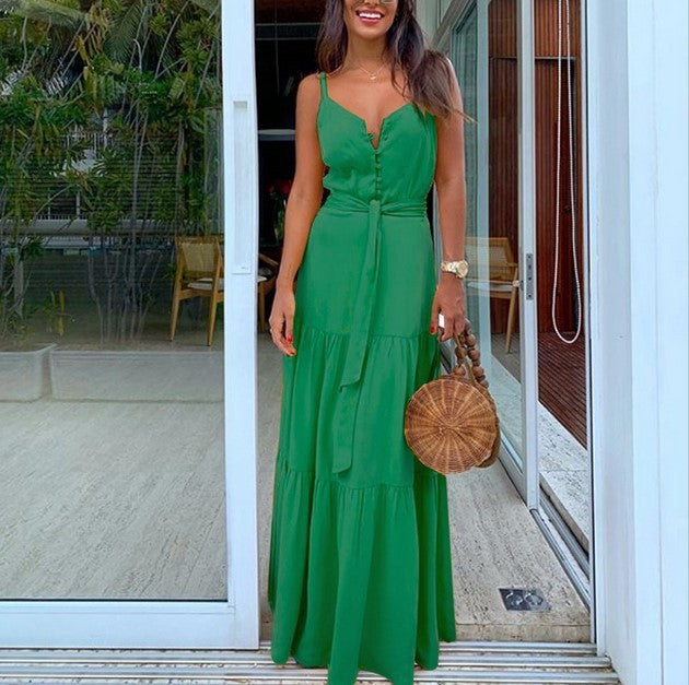VenusFox Women Summer Green Elegant Maxi Dress Fashion Spaghetti Strap V Neck Belt Party Long Dresses Ladies Casual 2021 Plus Size Robe