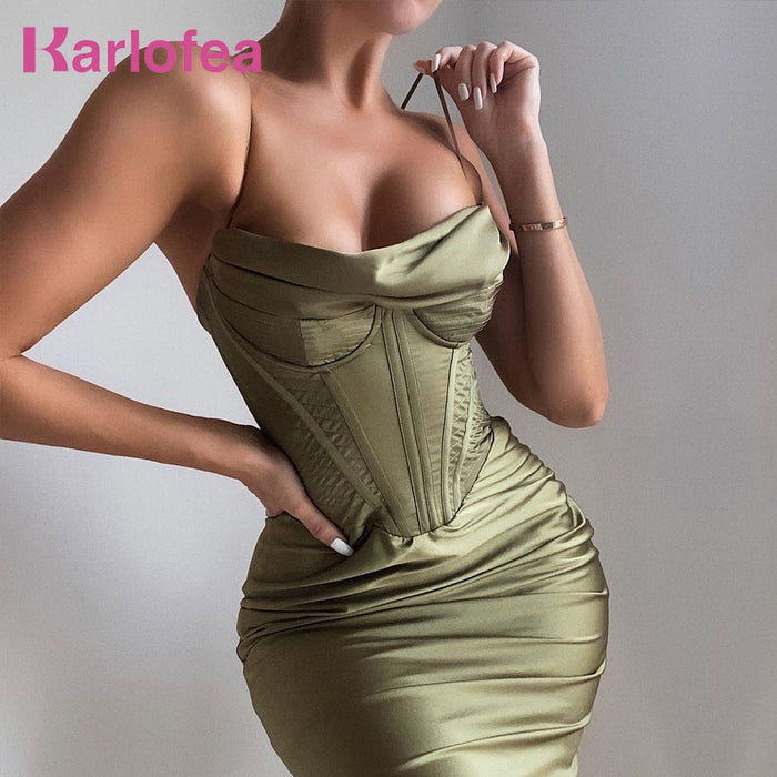 VenusFox Karlofea Summer Spaghetti Strap Knee Length Dresses Sexy Woman Padded Bustier Corset Satin Party Clothing Elegant Outfits Robe