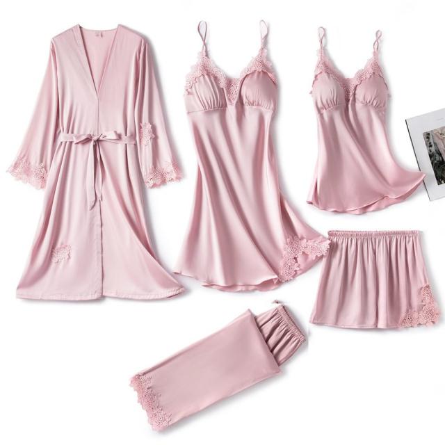 VenusFox Sexy Womens 5PCS Pajamas Set V-Neck Nighties Wear Home Negligee Nightwear Lingerie Pijama Spring Nighty Robe Gown Suit Sleepwear