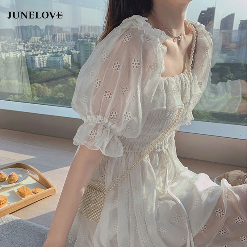 VenusFox French Summer Dress Women White Puff Sleeve Korean Style Fairy Dress Lace Chiffon Kawaii Elegant Vintage Dress Vestidos