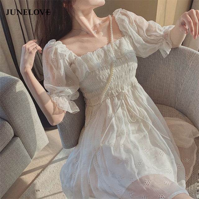 VenusFox French Summer Dress Women White Puff Sleeve Korean Style Fairy Dress Lace Chiffon Kawaii Elegant Vintage Dress Vestidos