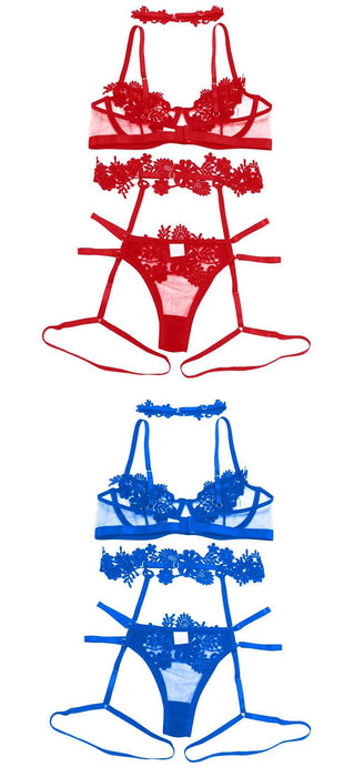 VenusFox 4 pcs Women Lingerie Sets Underwire Push Up Bra Embroidery Thongs Underwear Garter Belt G-string Neck Ring Lingerie