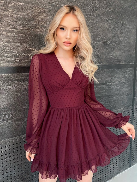 Capucines Sexy Deep V Neck Swiss Dot Chiffon Dress Summer Women Ruffles Trim Lantern Sleeve A Line Mini Dresses Vestidos 2021