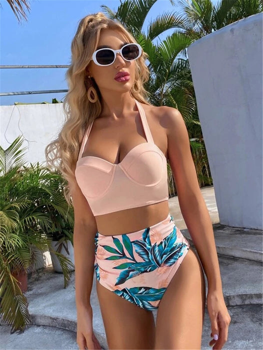 VenusFox Leaf Floral Bikini Set Women Backless High-Waisted Two Pieces Swimwear 2021 Beach Bathing Suits Swimsuits