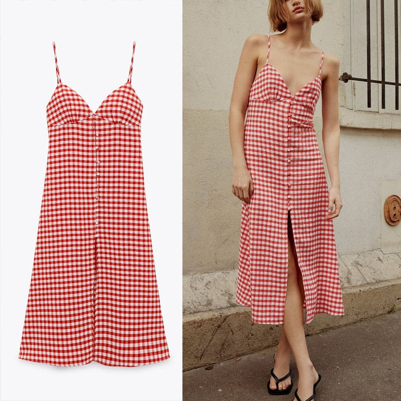 VenusFox 2021 Strappy Gingham Summer Dress Women Plaid Sleeveless Backless Sexy Party Dresses Woman Spaghetti Straps Mini Red Dress