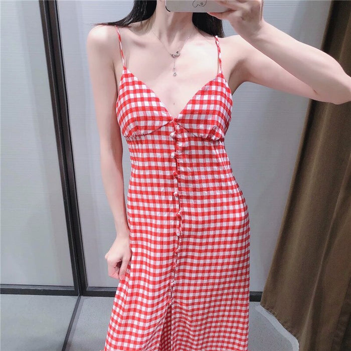 VenusFox 2021 Strappy Gingham Summer Dress Women Plaid Sleeveless Backless Sexy Party Dresses Woman Spaghetti Straps Mini Red Dress