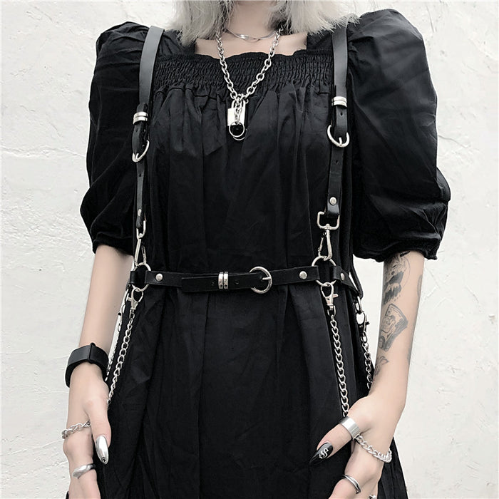 VenusFox Women's Punk Goth Dress Gothic Harajuku Streetwear Puff Sleeve Black Ruched Mini Dress Summer Emo Dress  Woman Clothes