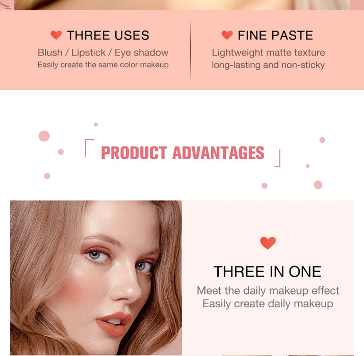 VenusFox O.TWO.O Newest 3 In 1 Blush Eyeshaodow Lipstick Multifuntion Makeup Cream Make Up Peach Face Blusher Contouring Palette