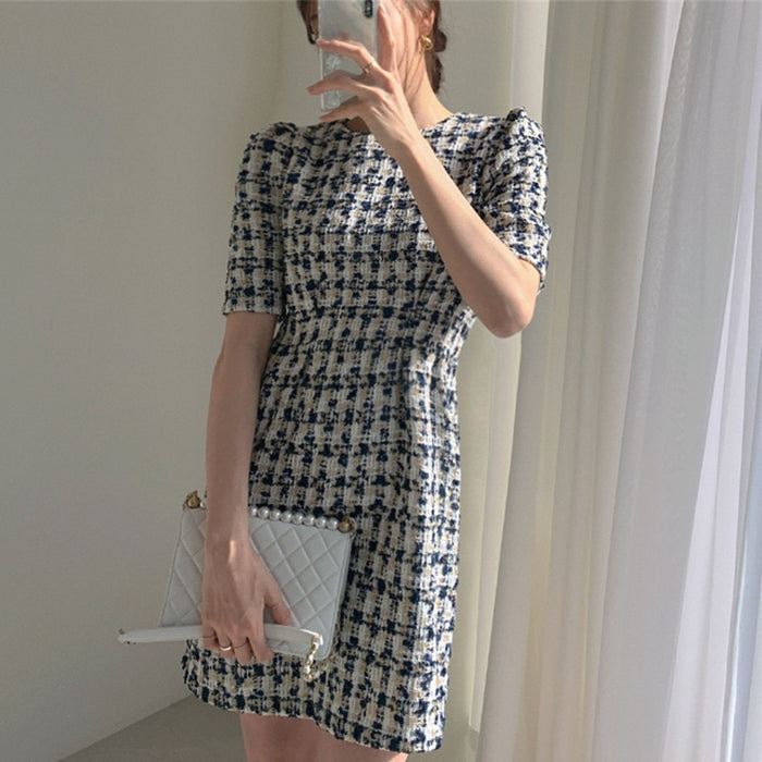 VenusFox Women's Summer Dresses Fashionable High Waist Puff Sleeve Plaid Knitted Elegant Party Dresses Checkered Vintage Dress Women 2021