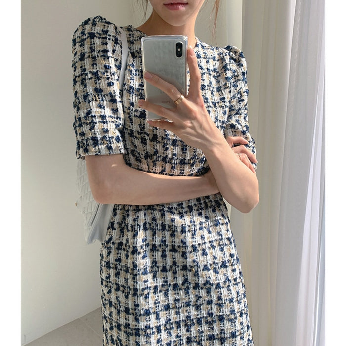 VenusFox Women's Summer Dresses Fashionable High Waist Puff Sleeve Plaid Knitted Elegant Party Dresses Checkered Vintage Dress Women 2021