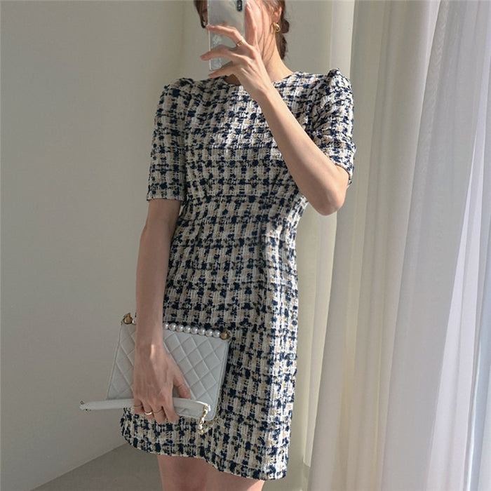 VenusFox Women's Summer Dresses Fashionable High Waist Puff Sleeve Plaid Knitted Elegant Party Dresses Checkered Vintage Dress Women 2021