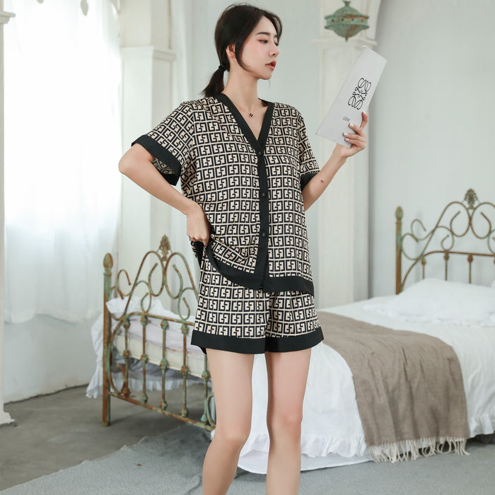 VenusFox Women's Pajamas Set Luxury Fashion Cross Letters Print Short Sleeve Sleepwear Silk Like Leisure Home Clothes Nightwear