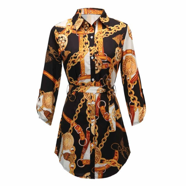 VenusFox Women Long Sleeve Chain Print Shirt Dress Ladies Casual Mini Dress