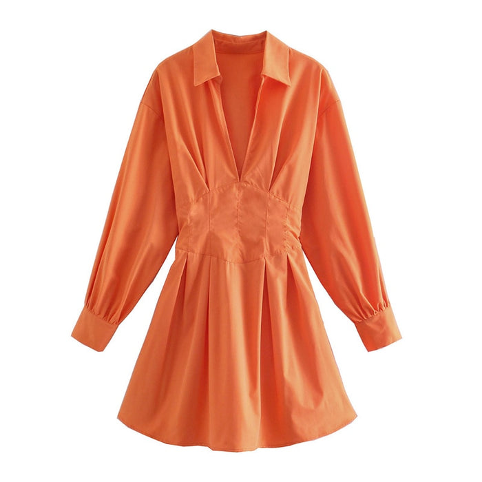 VenusFox Casual Woman Orange Shirt Dress 2021 Spring Lacing V Neck Beach Short Dresses Girls Y2K High Waisted Dresses