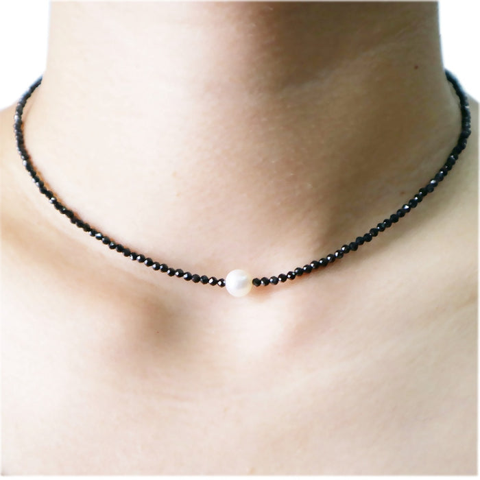 VenusFox Choker Necklace Real Black Spinel Freshwater Pearl 925 Sterling Silver Women Gift for Mothers Friend