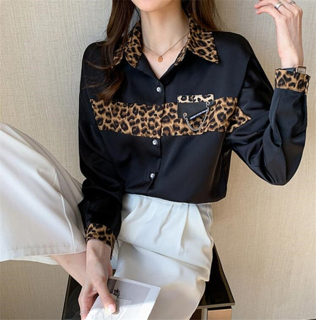 VenusFox Office Lady Blouses Long Sleeved Leopard Print