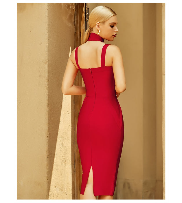 Venusfox Red Halter Midi Bandage Dress For Women Sexy Sleeveless Club Celebrity Evening Runway Party Dress