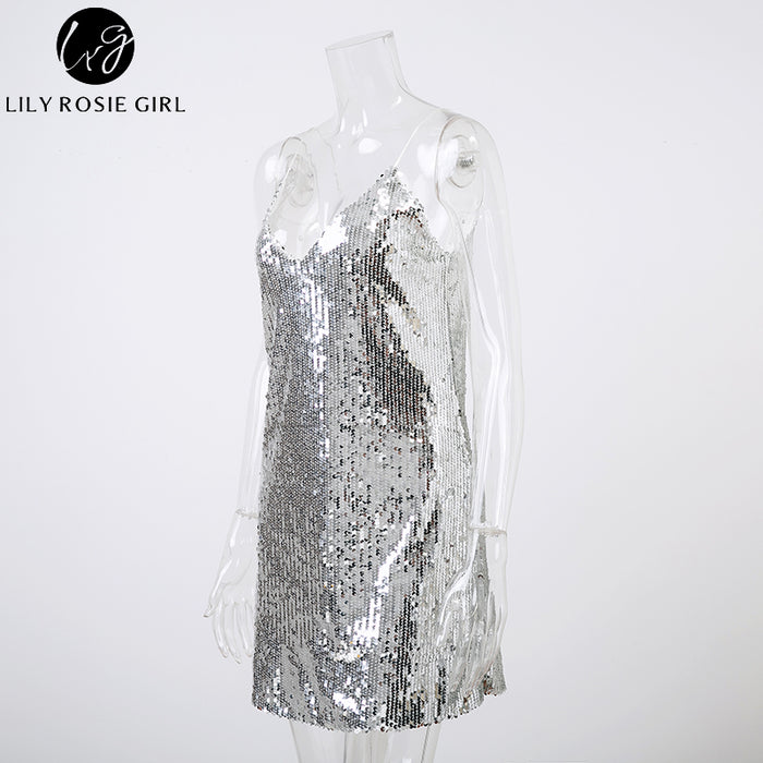 VenusFox Off Shoulder Silver Sequined Backless Sexy Dress
