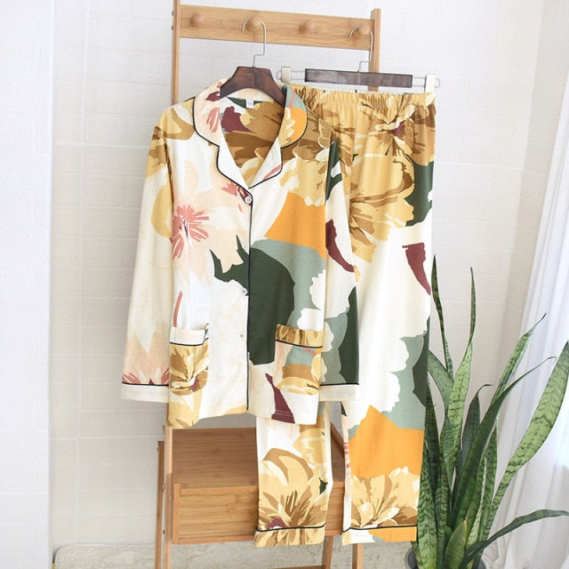 VenusFox Women's Pajama Cotton Plus Size Two-piece Set Brief Fashion Long Sleeve Home Clothes Female Sleepwear