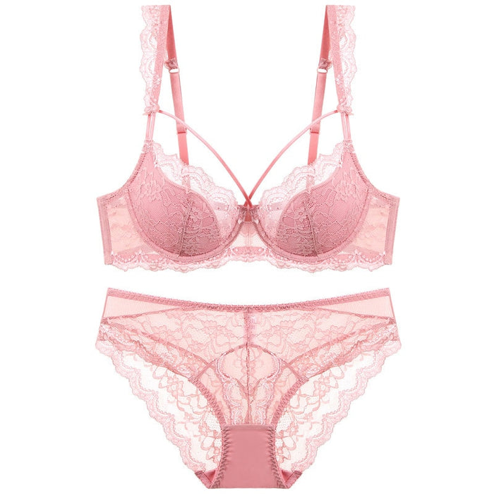 VenusFox Ultra-thin Cup Sexy Lace Underwear Pink Push Up Bra Set Bow Lingerie Comfortable Brassiere Panties Set Big Size 95E 90E