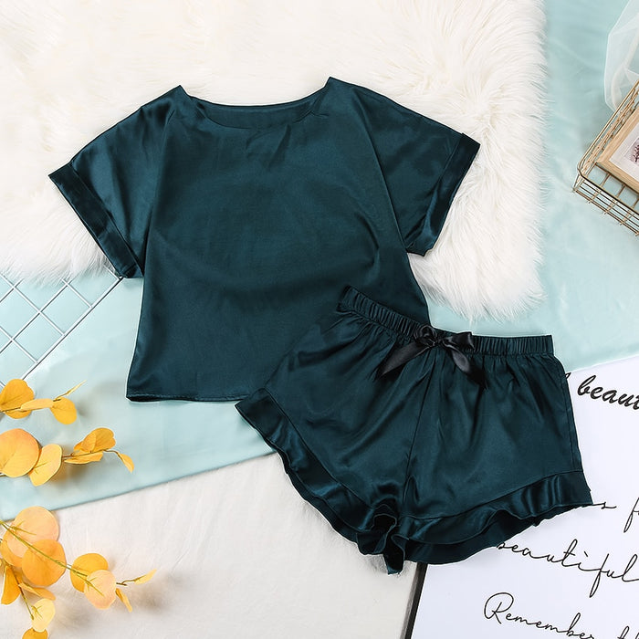 VenusFox Green Brown Women Sleepwear 2 Piece Set Round Neck Short Sleeve Top Solid Loose Pants Satin Home Wear Casual Suit Sets