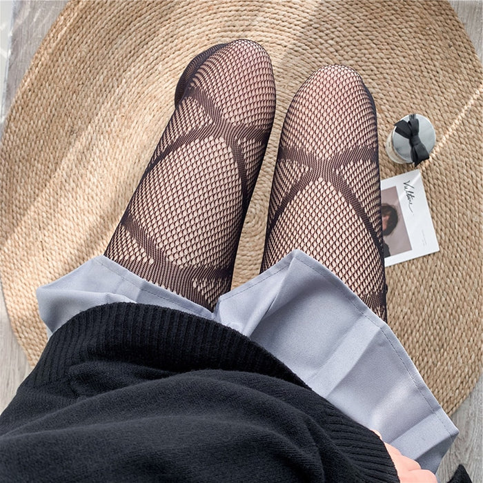 VenusFox Puimentiua Sexy Fishnet Stockings Hollow Out Woman Socks Transparent Sexy Knee High Socks Kawaii Long Socks Korean Style Gothic