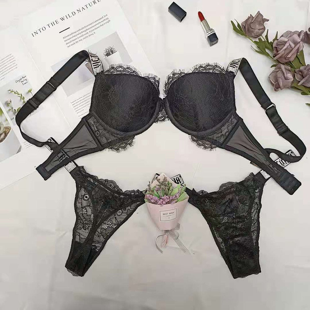 VenusFox Sexy Secret Lace Rhinestone Bikini Thong Letter LOGO Brand Design Push Up Bra Panty 2 Piece Women Adjustable Underwear Sets