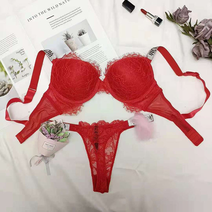 VenusFox Sexy Secret Lace Rhinestone Bikini Thong Letter LOGO Brand Design Push Up Bra Panty 2 Piece Women Adjustable Underwear Sets