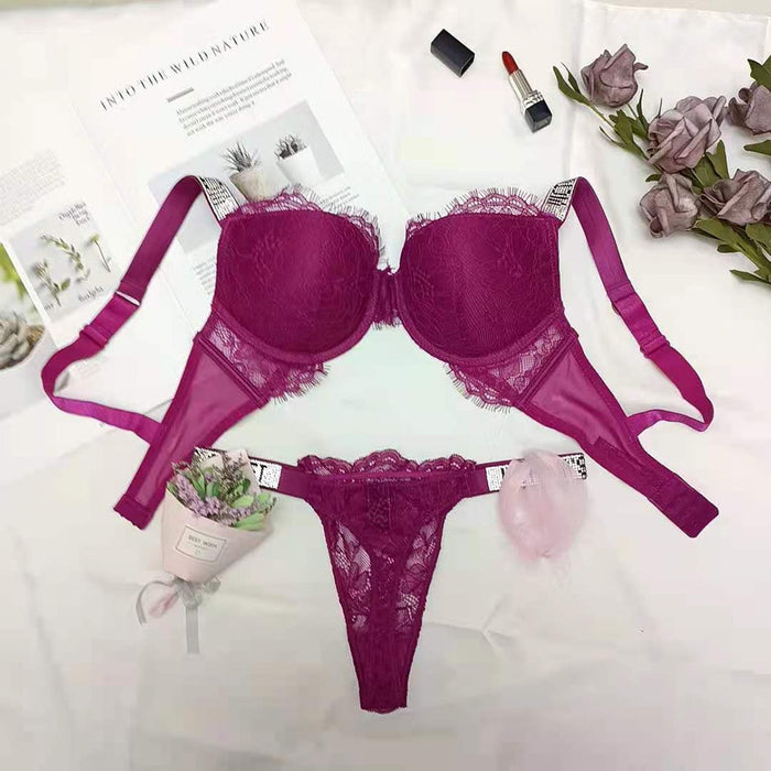 VenusFox Sexy Secret Lace Rhinestone Bikini Thong Letter LOGO Brand Design Push Up Bra Panty 2 Piece Women Adjustable Underwear Sets