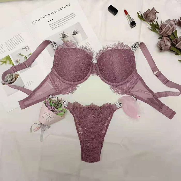 VenusFox Sexy Secret Lace Rhinestone Bikini Thong Letter LOGO Brand Design Push Up Bra Panty 2 Piece Women Adjustable Underwear Sets