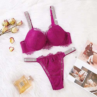 VenusFox Sexy Secret Lace Rhinestone Bikini Thong Letter LOGO Brand Design Push Up Bra Panty 2 Piece Women Adjustable Underwear Sets